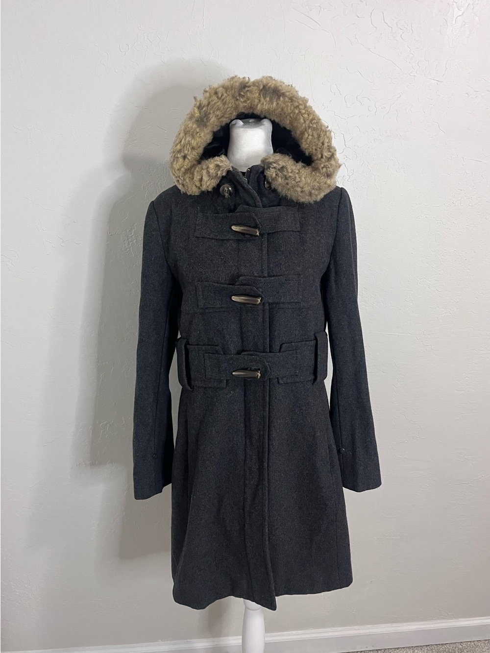 elevenses Charcoal Wool Toggle Trench Coat with Tan Faux Fur Hood